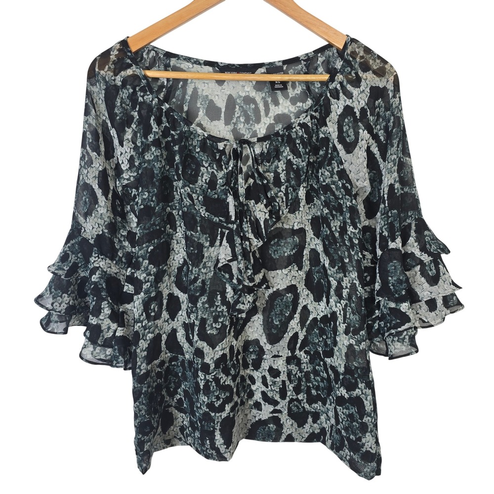 New York‎ & Company Animal Print Ruffle Tie Neck Sheer Chiffon Blouse XS